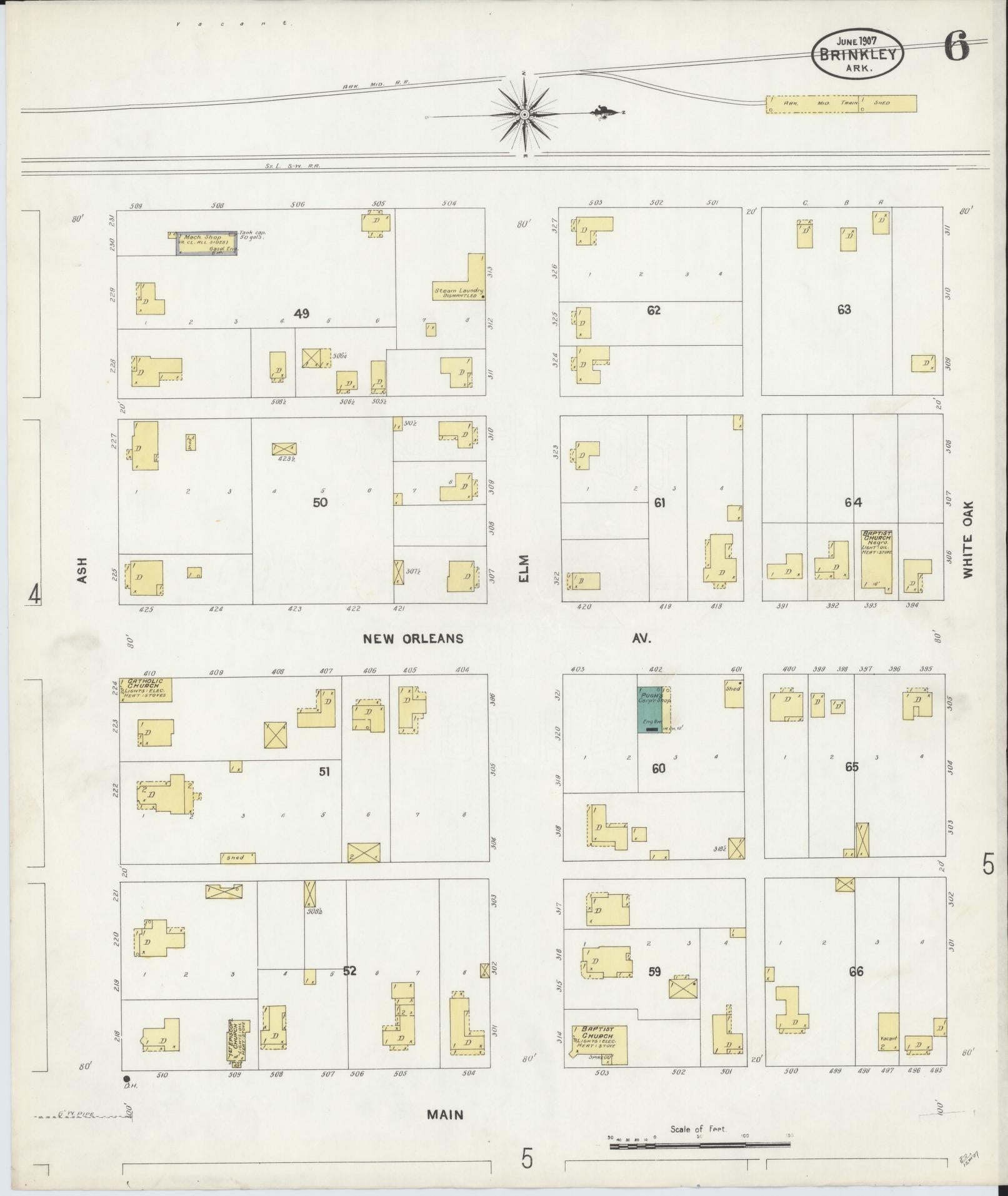 Sanborn Fire Insurance Map from Brinkley, Monroe County, Arkansas (1907), Sheet #0006 - Complete Map Set gallery image, historic Sanborn map, vintage wall art, Arkansas Arkansas