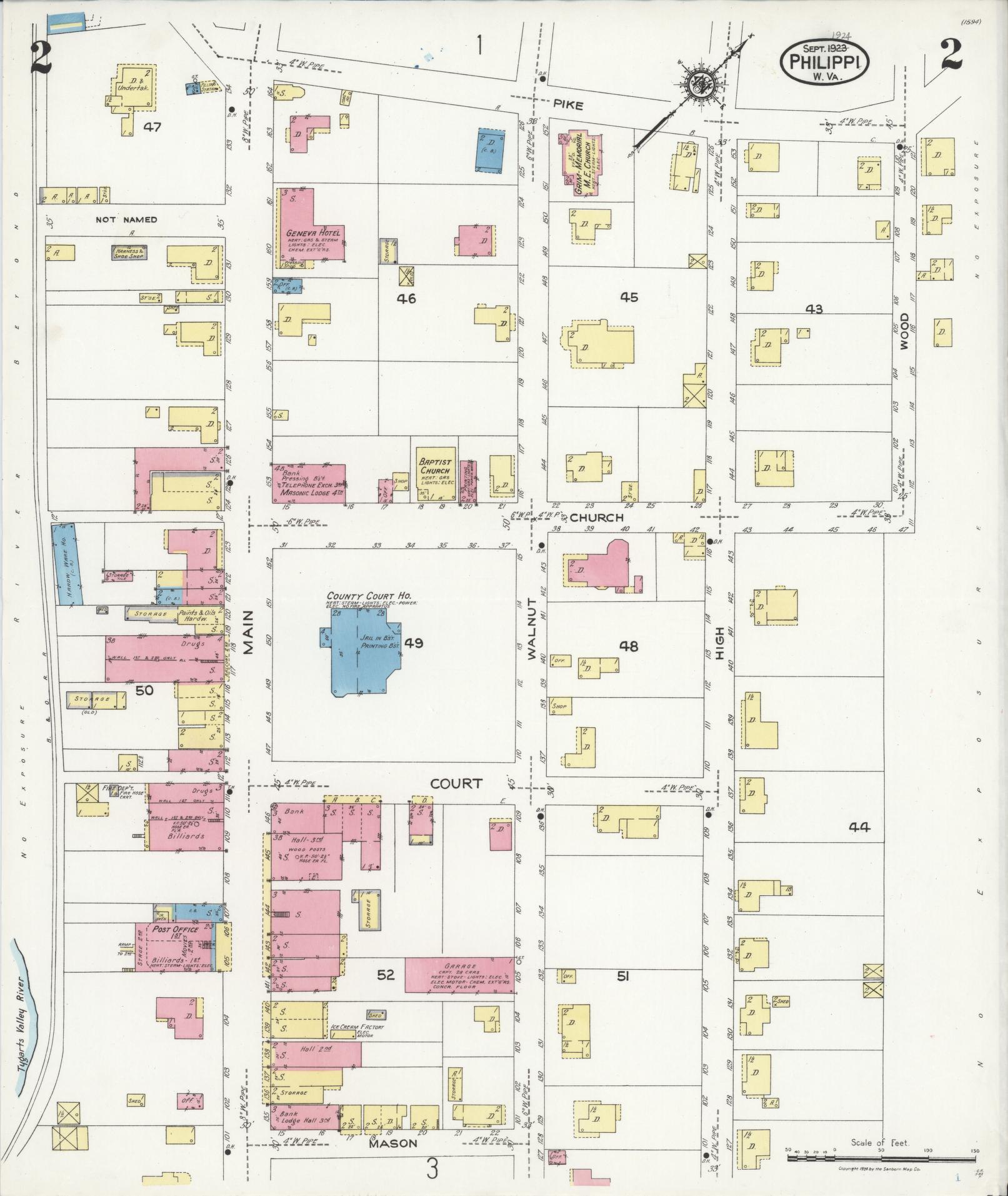 Sanborn Fire Insurance Map from Philippi, Barbour County, West Virginia (1923), Sheet #0002 - Historic Sanborn Fire Insurance Map Print, vintage old map wall art, antique decor, genealogy gift, West Virginia West Virginia map