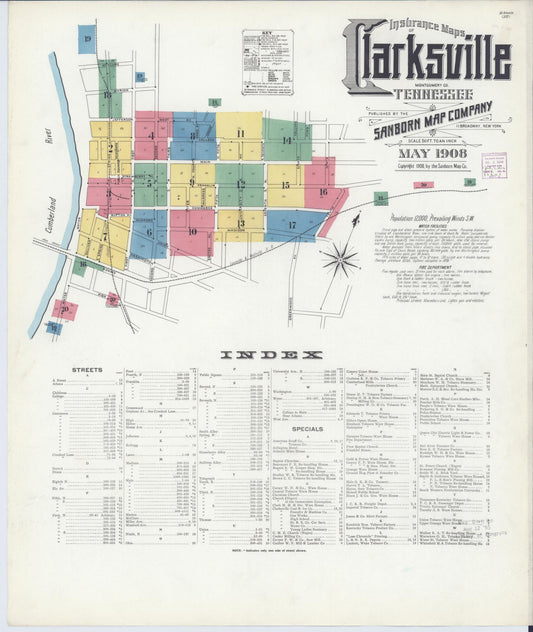 Sanborn Fire Insurance Map from Clarksville, Montgomery County, Tennessee (1908), Sheet #0001 - Historic Sanborn Fire Insurance Map Print, vintage old map wall art, antique decor, genealogy gift, Tennessee Tennessee map