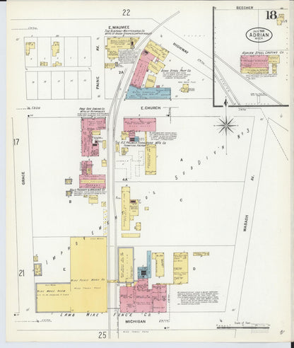 Sanborn Fire Insurance Map from Adrian, Lenawee County, Michigan (1908), Sheet #0018 - Historic Sanborn Fire Insurance Map Print, vintage old map wall art, antique decor, genealogy gift, Michigan Michigan map