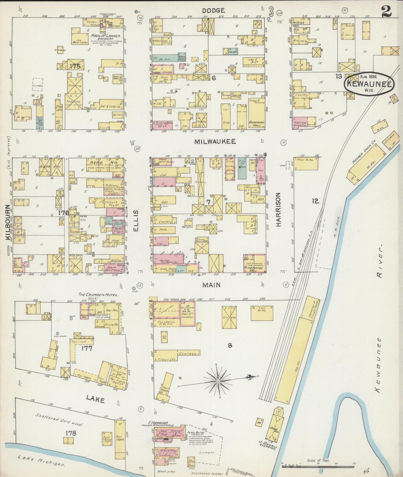 Sanborn Fire Insurance Map from Kewaunee, Kewaunee County, Wisconsin (1892), Sheet #0002 - Complete Map Set gallery image, historic Sanborn map, vintage wall art, Wisconsin Wisconsin