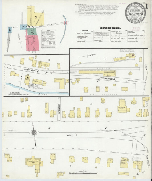 Sanborn Fire Insurance Map from Litchfield, Litchfield County, Connecticut (1910), Sheet #0001 - Historic Sanborn Fire Insurance Map Print, vintage old map wall art, antique decor, genealogy gift, Connecticut Connecticut map