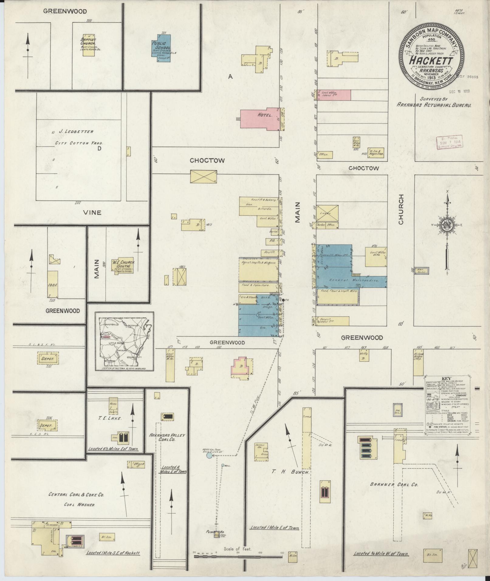 Sanborn Fire Insurance Map from Hackett, Sebastian County, Arkansas (1913), Sheet #0001 - Historic Sanborn Fire Insurance Map Print, vintage old map wall art, antique decor, genealogy gift, Arkansas Arkansas map