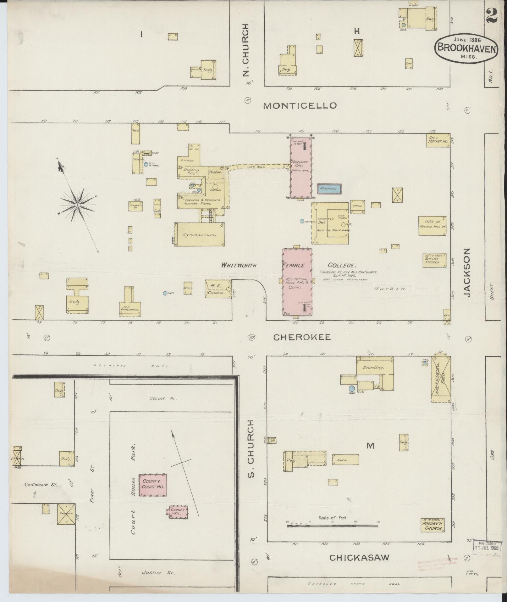 Sanborn Fire Insurance Map from Brookhaven, Lincoln County, Mississippi (1886), Sheet #0002 - Historic Sanborn Fire Insurance Map Print, vintage old map wall art, antique decor, genealogy gift, Mississippi Mississippi map