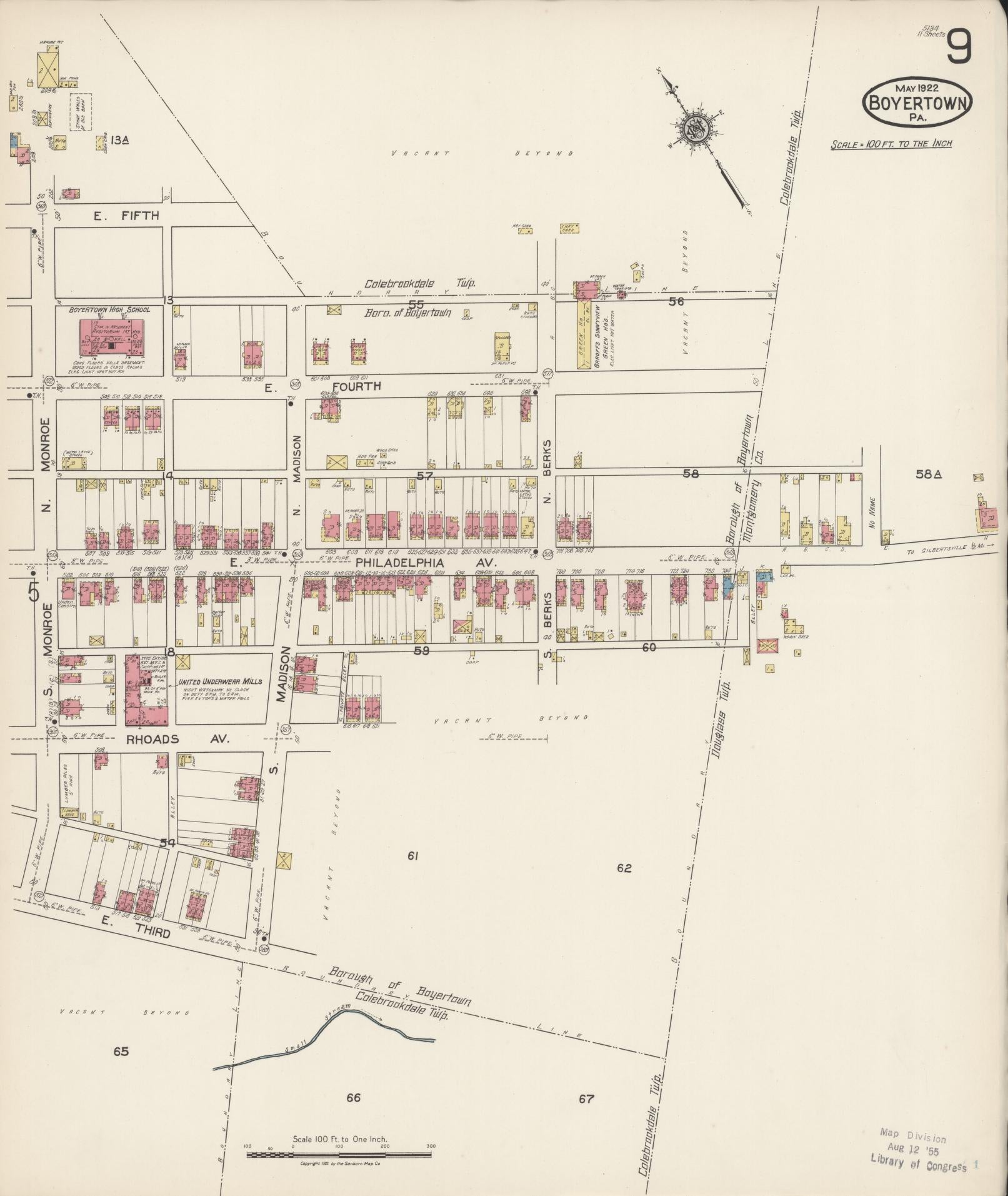 Sanborn Fire Insurance Map from Boyertown, Berks County, Pennsylvania (1922), Sheet #0009 - Historic Sanborn Fire Insurance Map Print, vintage old map wall art, antique decor, genealogy gift, Pennsylvania Pennsylvania map