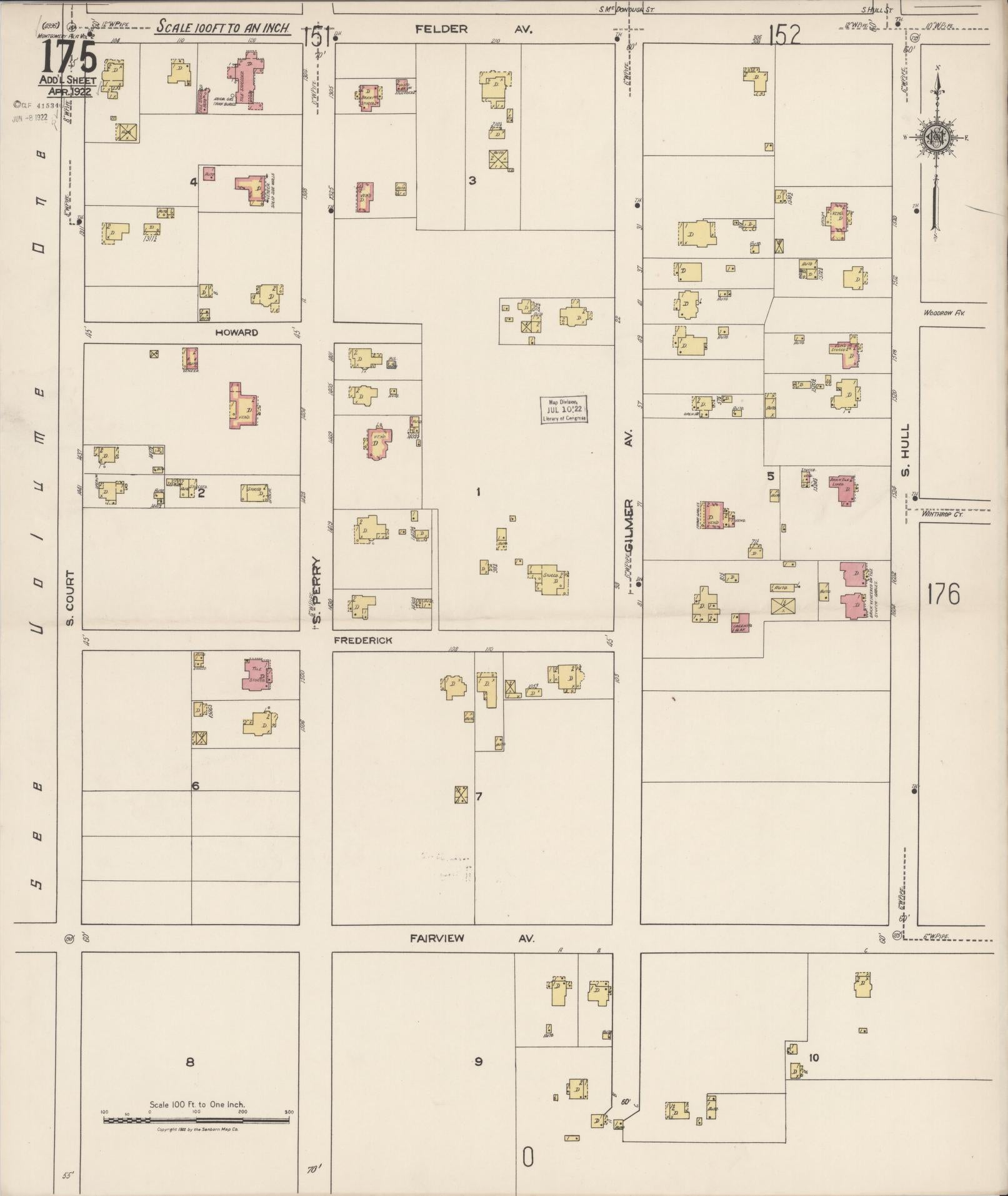 Sanborn Fire Insurance Map from Montgomery, Montgomery County, Alabama (1922), Sheet #0175 - Historic Sanborn Fire Insurance Map Print, vintage old map wall art, antique decor, genealogy gift, Alabama Alabama map