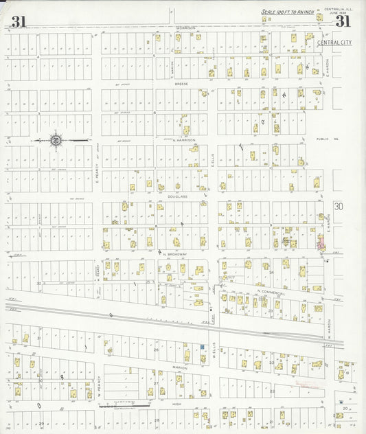 Sanborn Fire Insurance Map from Centralia, Marion, Clinton, Jefferson, and Washington Counties, Illinois (1938), Sheet #0031 - Historic Sanborn Fire Insurance Map Print, vintage old map wall art, antique decor, genealogy gift, Illinois Illinois map