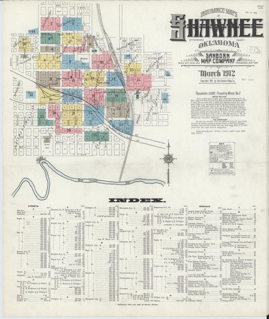 Sanborn Fire Insurance Map from Shawnee, Pottawatomie County, Oklahoma (1912), Sheet #0001 - Historic Sanborn Fire Insurance Map Print, vintage old map wall art, antique decor, genealogy gift, Oklahoma Oklahoma map