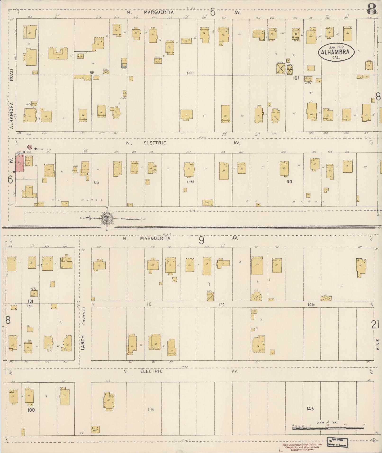 Sanborn Fire Insurance Map from Alhambra, Los Angeles County, California (1912), Sheet #0008 - Historic Sanborn Fire Insurance Map Print, vintage old map wall art, antique decor, genealogy gift, California California map
