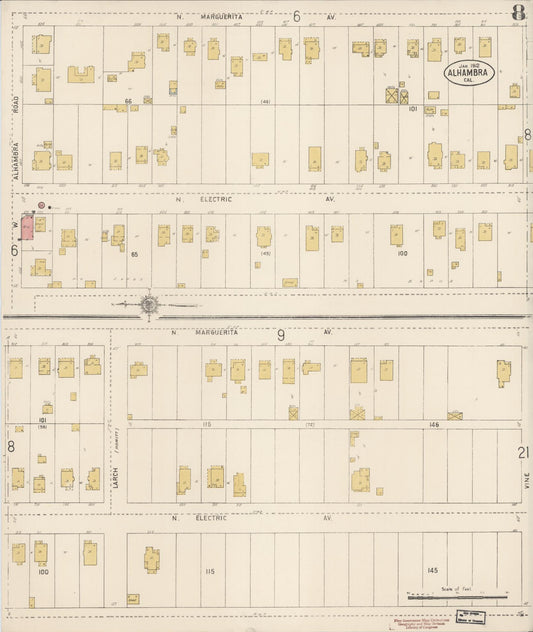 Sanborn Fire Insurance Map from Alhambra, Los Angeles County, California (1912), Sheet #0008 - Historic Sanborn Fire Insurance Map Print, vintage old map wall art, antique decor, genealogy gift, California California map