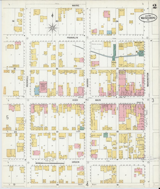 Sanborn Fire Insurance Map from Waynesburg, Greene County, Pennsylvania (1901), Sheet #0002 - Historic Sanborn Fire Insurance Map Print, vintage old map wall art, antique decor, genealogy gift, Pennsylvania Pennsylvania map
