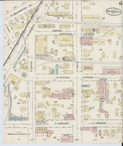 Sanborn Fire Insurance Map from Kalamazoo, Kalamazoo County, Michigan (1887), Sheet #0006 - Complete Map Set gallery image, historic Sanborn map, vintage wall art, Michigan Michigan