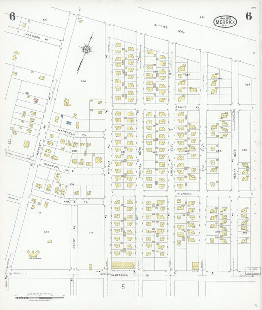 Sanborn Fire Insurance Map from Merrick, Nassau County, New York (1929), Sheet #0006 - Historic Sanborn Fire Insurance Map Print, vintage old map wall art, antique decor, genealogy gift, New York New York map
