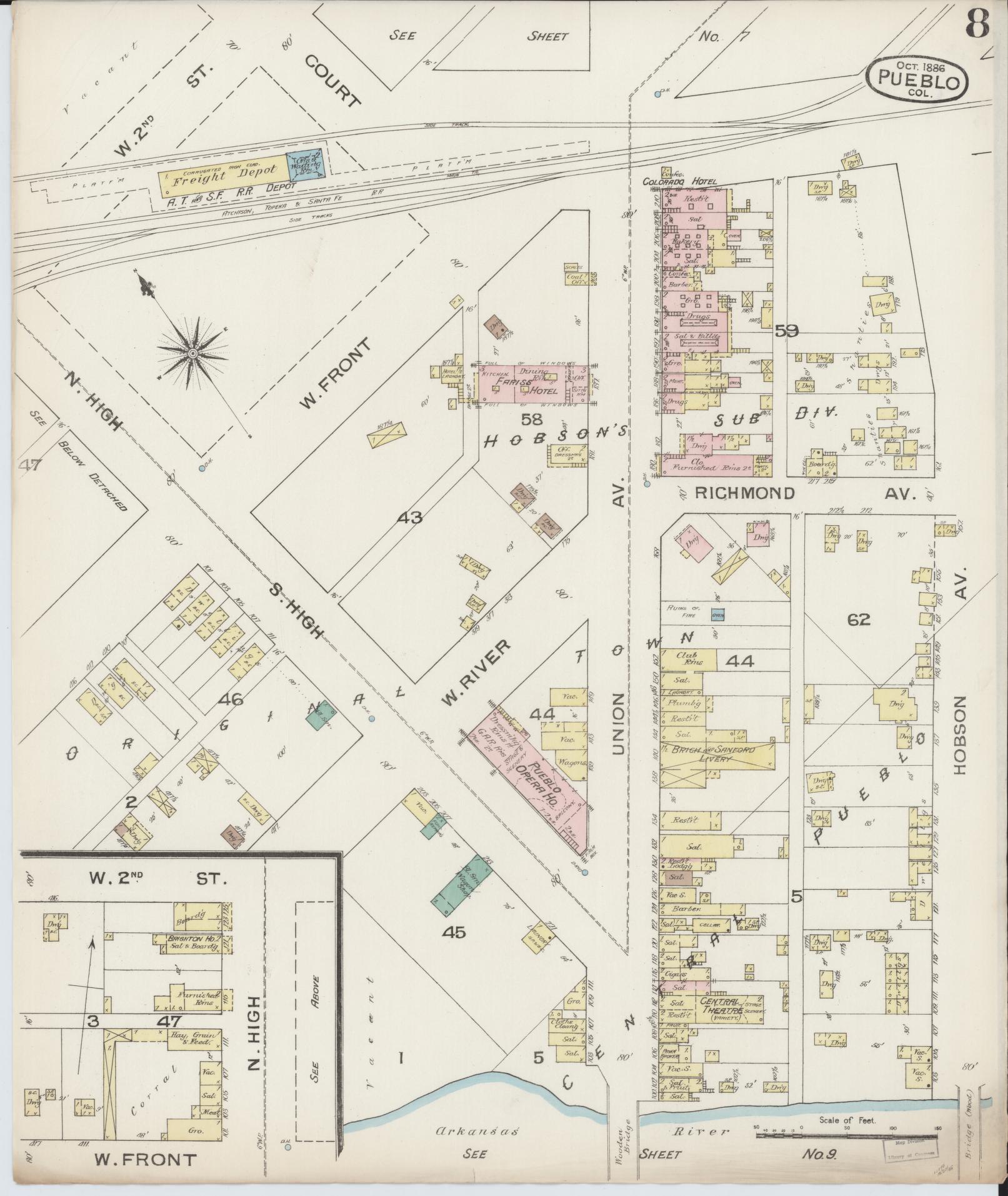 Sanborn Fire Insurance Map from Pueblo, Pueblo County, Colorado (1886), Sheet #0008 - Historic Sanborn Fire Insurance Map Print, vintage old map wall art, antique decor, genealogy gift, Colorado Colorado map