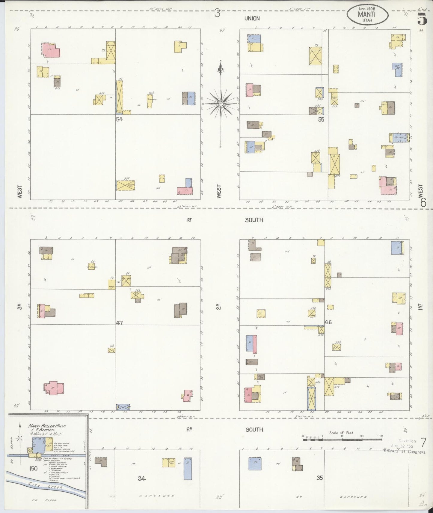 Sanborn Fire Insurance Map from Manti, Sanpete County, Utah (1908), Sheet #0005 - Complete Map Set gallery image, historic Sanborn map, vintage wall art, Utah Utah
