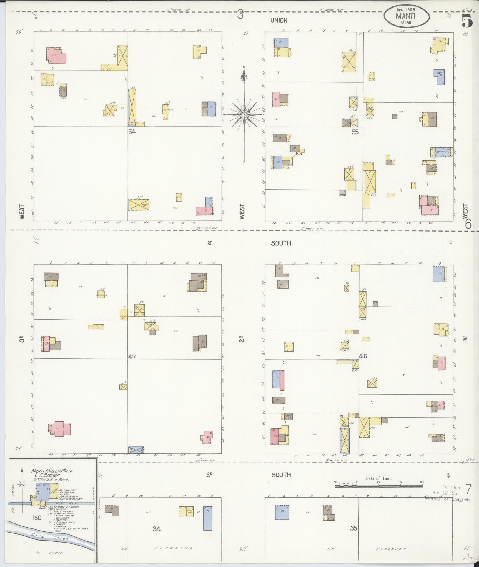 Sanborn Fire Insurance Map from Manti, Sanpete County, Utah (1908), Sheet #0005 - Complete Map Set gallery image, historic Sanborn map, vintage wall art, Utah Utah