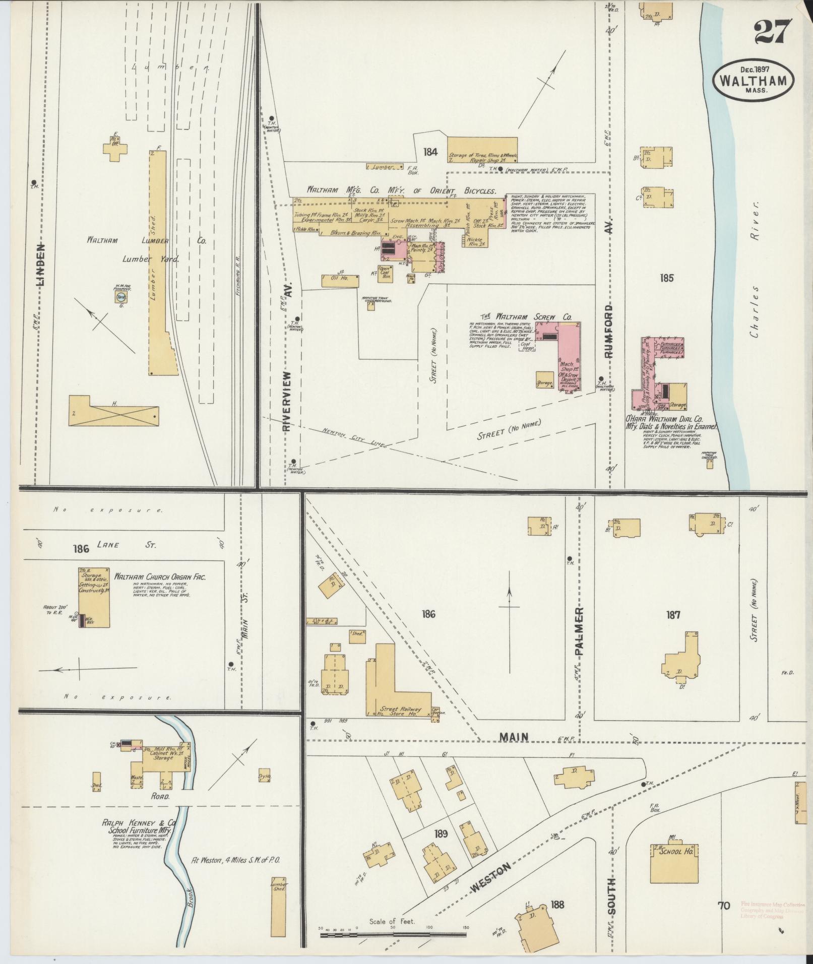 Sanborn Fire Insurance Map from Waltham, Middlesex County, Massachusetts (1897), Sheet #0027 - Complete Map Set gallery image, historic Sanborn map, vintage wall art, Massachusetts Massachusetts