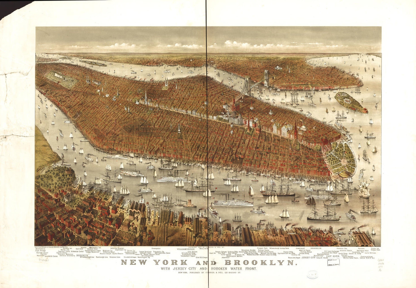 New York and Brooklyn, with Jersey City and Hoboken water front. (1877) – Historic Bird’s-Eye View Panorama Print
