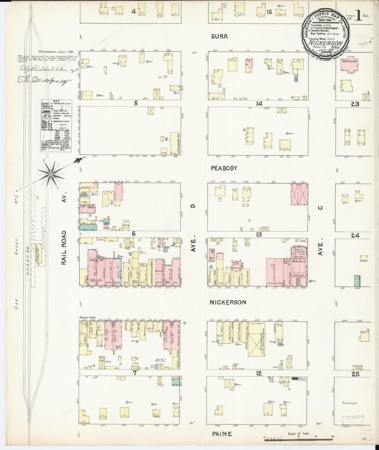 Sanborn Fire Insurance Map from Nickerson, Reno County, Kansas (1891), Sheet #0001 - Historic Sanborn Fire Insurance Map Print, vintage old map wall art, antique decor, genealogy gift, Kansas Kansas map
