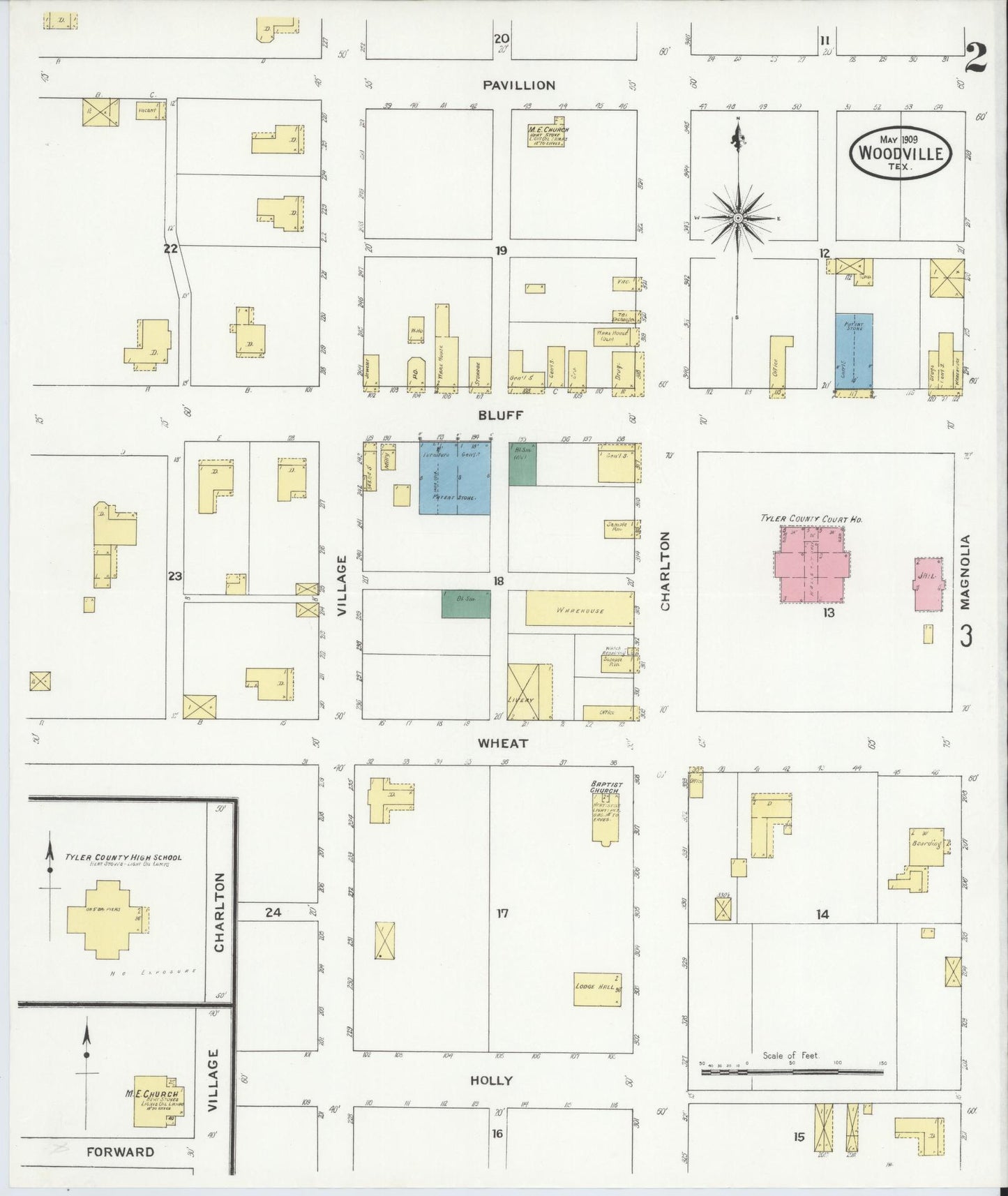 Sanborn Fire Insurance Map from Woodville, Tyler County, Texas (1909), Sheet #0002 - Complete Map Set gallery image, historic Sanborn map, vintage wall art, Texas Texas
