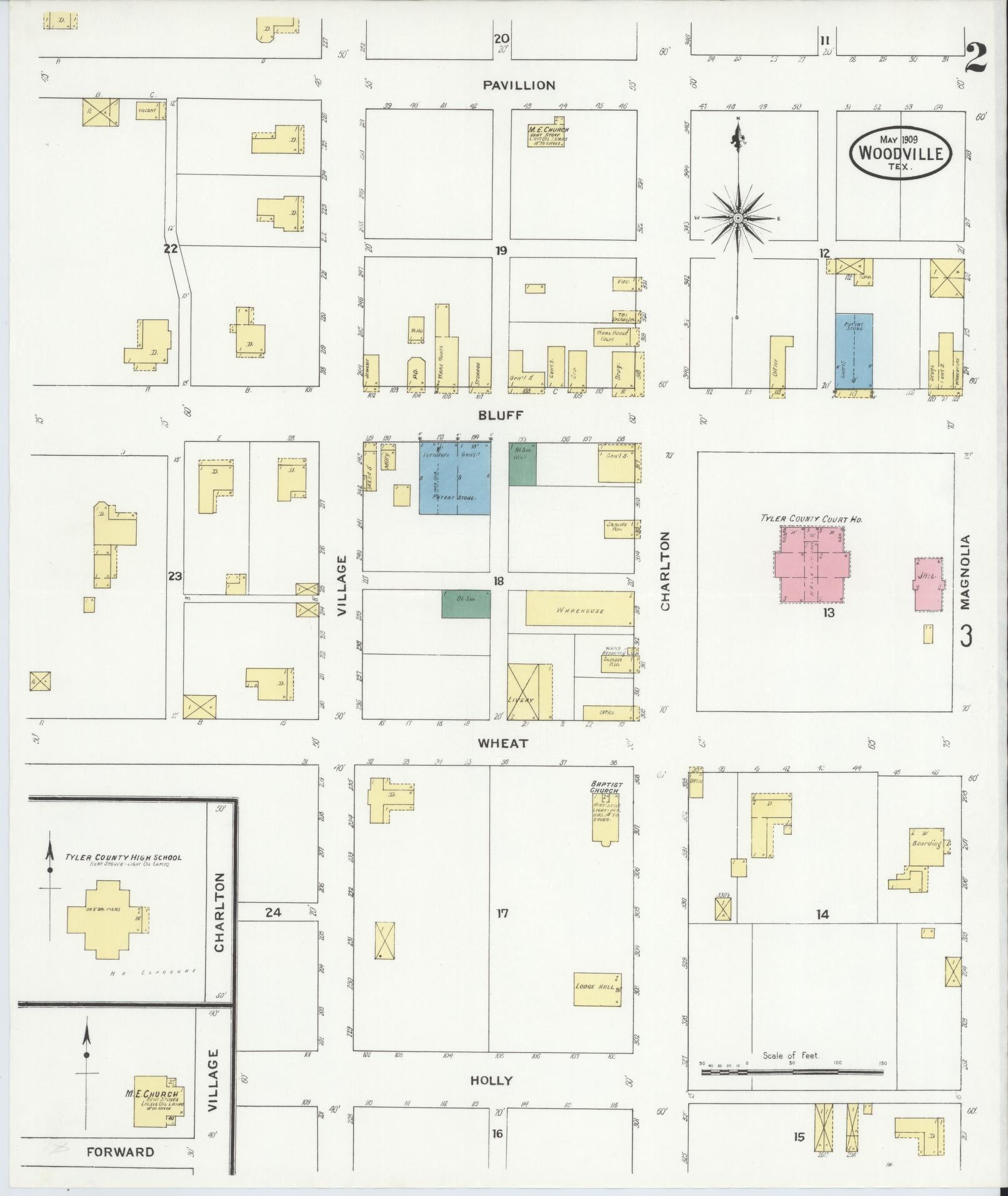Sanborn Fire Insurance Map from Woodville, Tyler County, Texas (1909), Sheet #0002 - Complete Map Set gallery image, historic Sanborn map, vintage wall art, Texas Texas