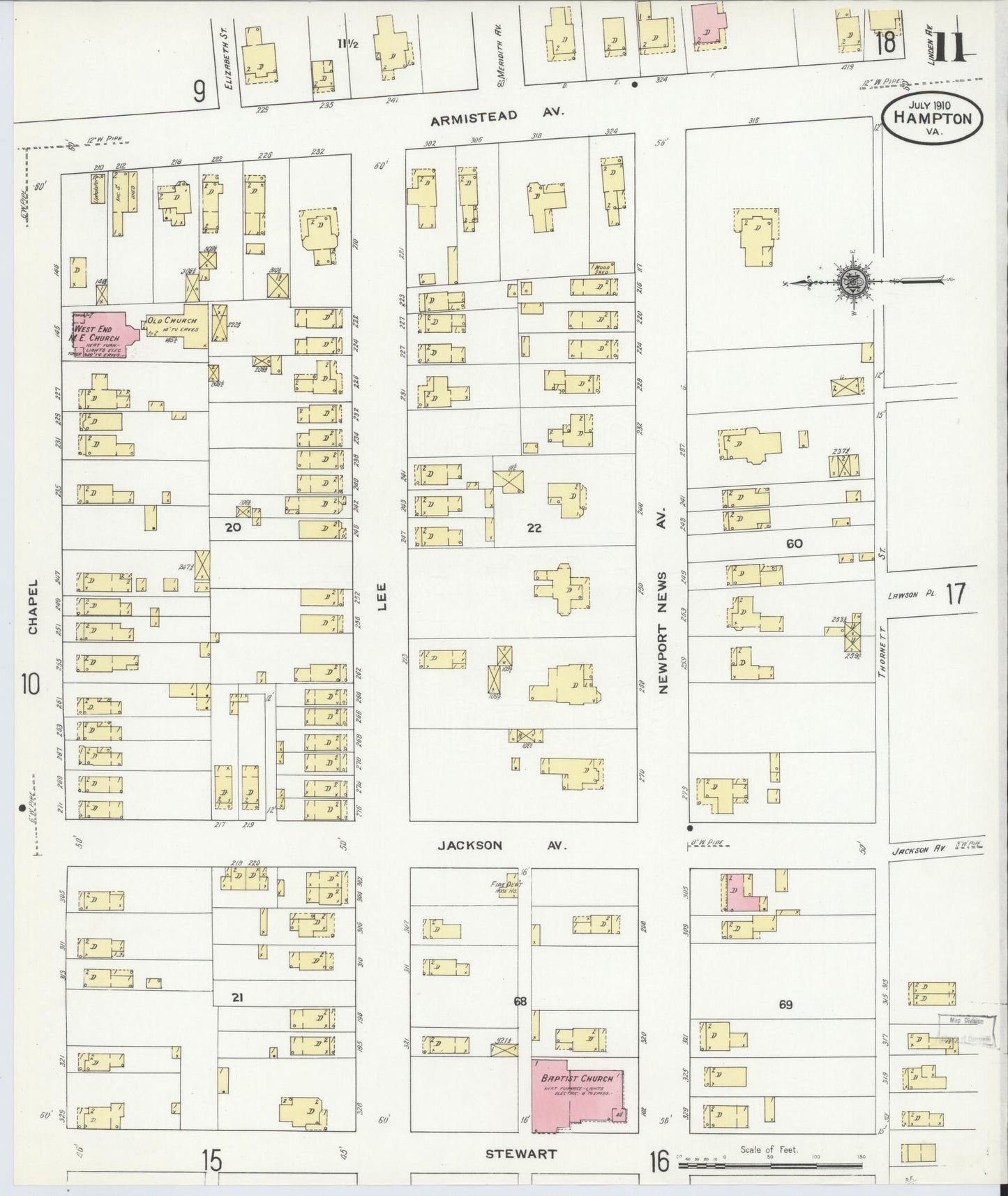 Sanborn Fire Insurance Map from Hampton, Independent Cities, Virginia (1910), Sheet #0011 - Complete Map Set gallery image, historic Sanborn map, vintage wall art, Virginia Virginia