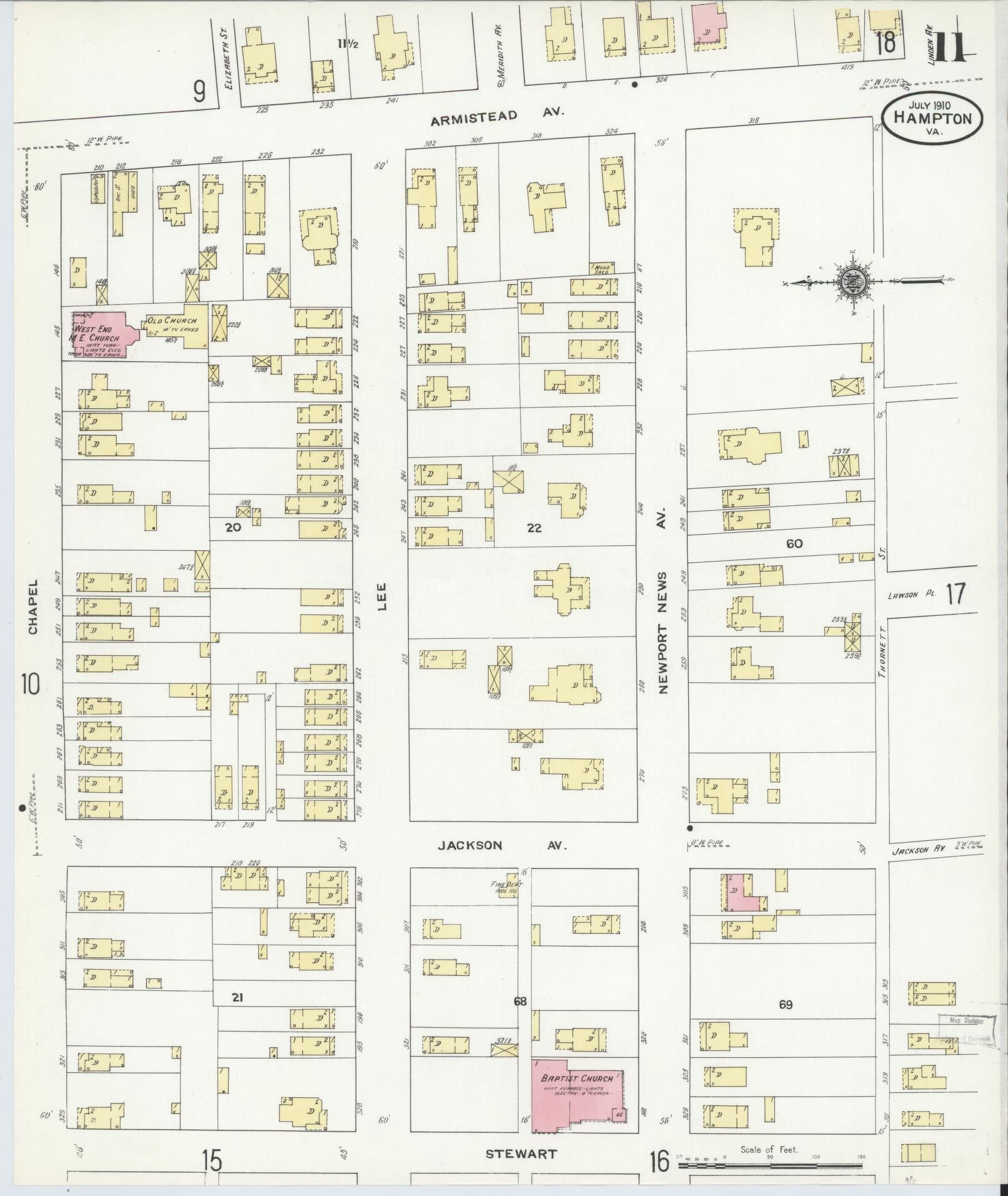 Sanborn Fire Insurance Map from Hampton, Independent Cities, Virginia (1910), Sheet #0011 - Complete Map Set gallery image, historic Sanborn map, vintage wall art, Virginia Virginia