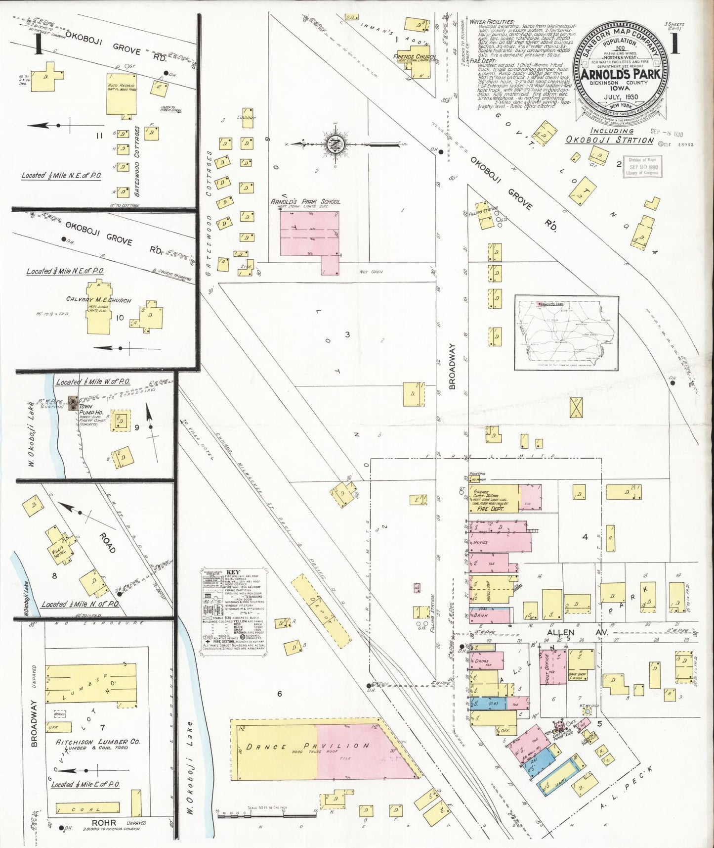 Sanborn Fire Insurance Map from Arnold's Park, Dickinson County, Iowa (1930), Sheet #0001 - Historic Sanborn Fire Insurance Map Print, vintage old map wall art