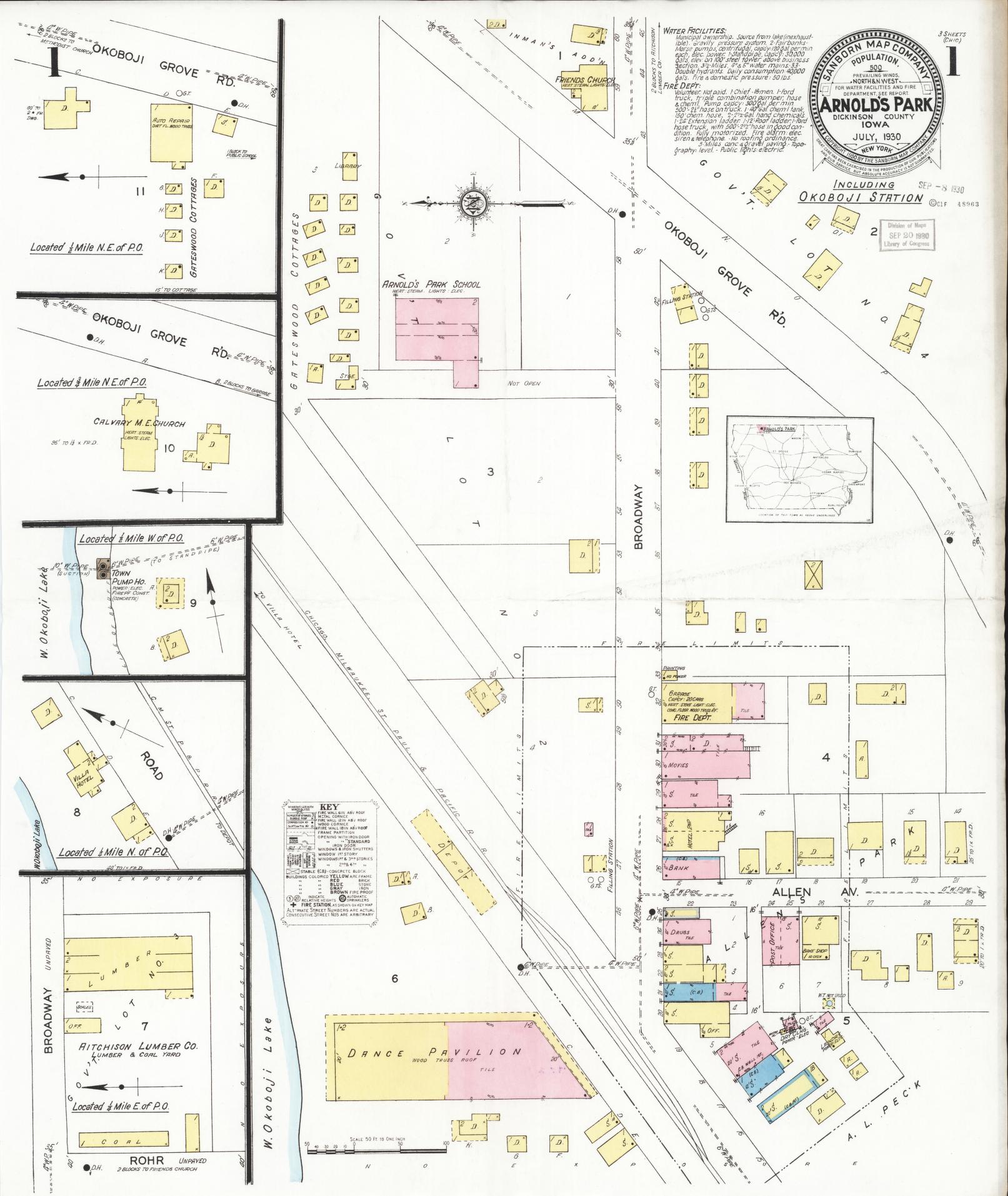 Sanborn Fire Insurance Map from Arnold's Park, Dickinson County, Iowa (1930), Sheet #0001 - Historic Sanborn Fire Insurance Map Print, vintage old map wall art