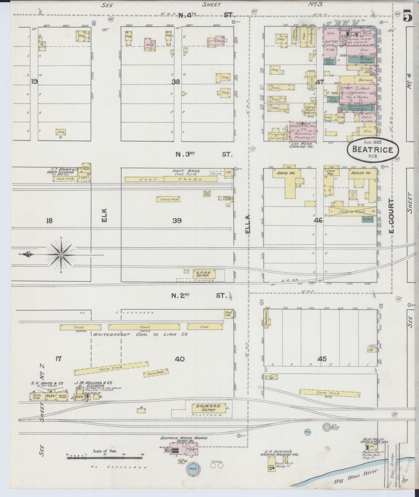Sanborn Fire Insurance Map from Beatrice, Gage County, Nebraska (1889), Sheet #0005 - Historic Sanborn Fire Insurance Map Print, vintage old map wall art, antique decor, genealogy gift, Nebraska Nebraska map