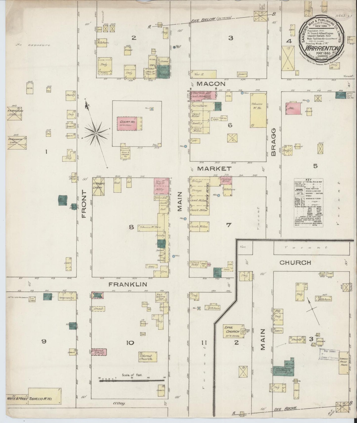 Sanborn Fire Insurance Map from Warrenton, Warren County, North Carolina (1885), Sheet #0001 - Historic Sanborn Fire Insurance Map Print, vintage old map wall art, antique decor, genealogy gift, North Carolina North Carolina map
