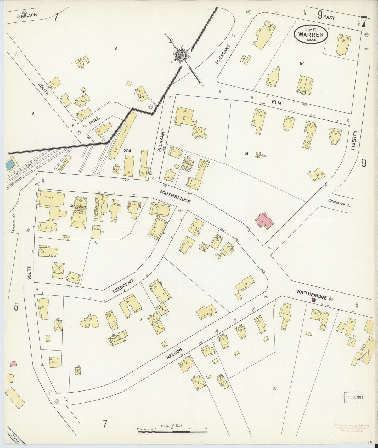 Sanborn Fire Insurance Map from Warren, Worcester County, Massachusetts (1911), Sheet #0007 - Complete Map Set gallery image, historic Sanborn map, vintage wall art, Massachusetts Massachusetts