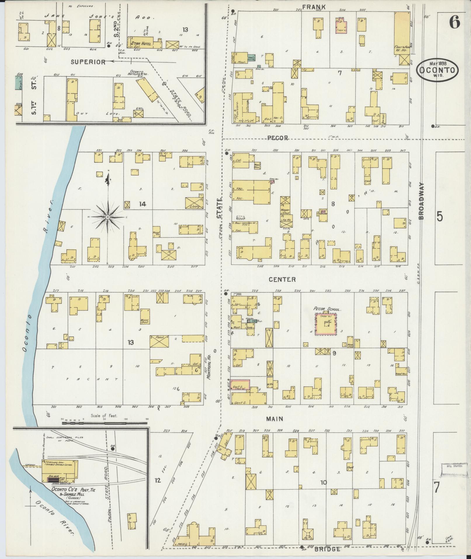 Sanborn Fire Insurance Map from Oconto, Oconto County, Wisconsin (1898), Sheet #0006 - Historic Sanborn Fire Insurance Map Print, vintage old map wall art, antique decor, genealogy gift, Wisconsin Wisconsin map