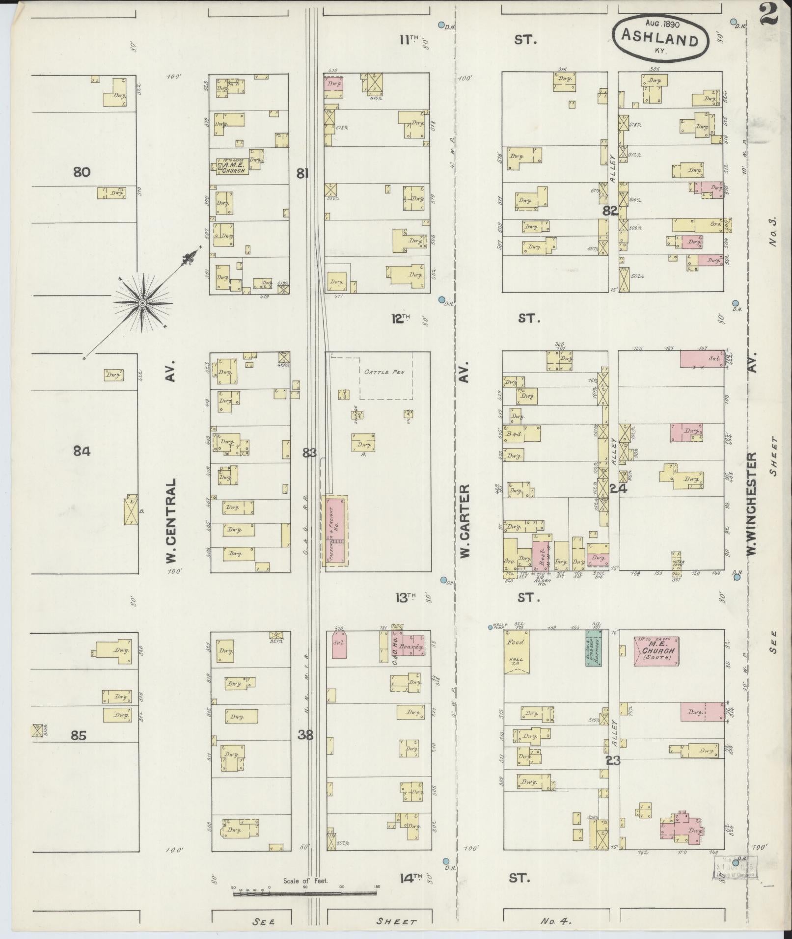 Sanborn Fire Insurance Map from Ashland, Boyd County, Kentucky (1890), Sheet #0002 - Complete Map Set gallery image, historic Sanborn map, vintage wall art, Kentucky Kentucky
