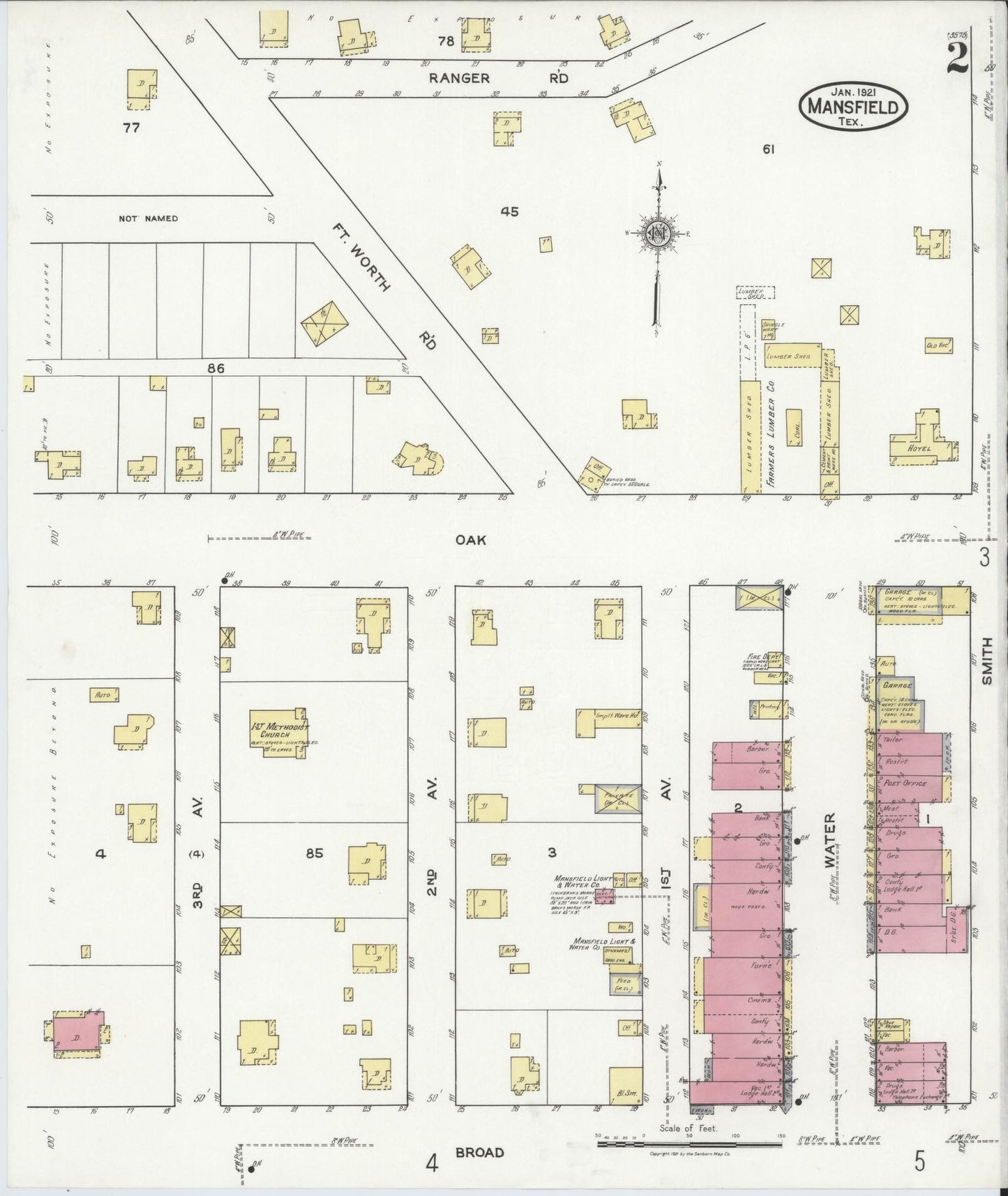 Sanborn Fire Insurance Map from Mansfield, Tarrant County, Texas (1921), Sheet #0002 - Historic Sanborn Fire Insurance Map Print, vintage old map wall art, antique decor, genealogy gift, Texas Texas map