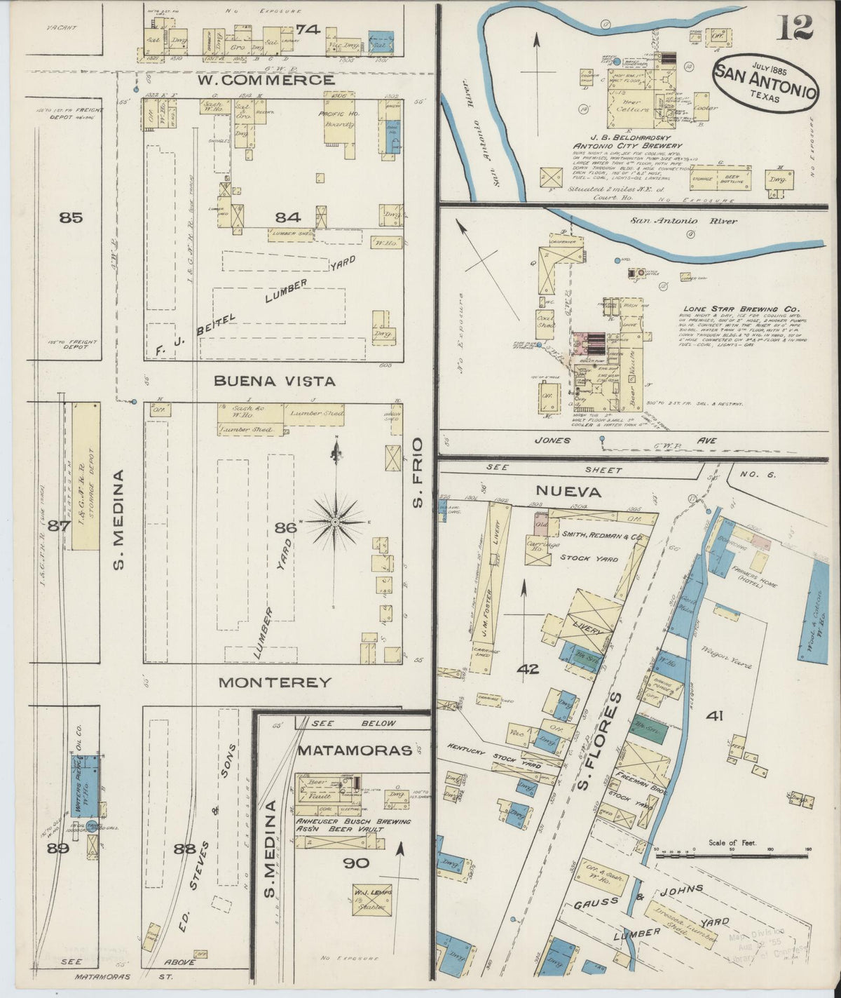 Sanborn Fire Insurance Map from San Antonio, Bexar County, Texas (1885), Sheet #0012 - Historic Sanborn Fire Insurance Map Print, vintage old map wall art, antique decor, genealogy gift, Texas Texas map