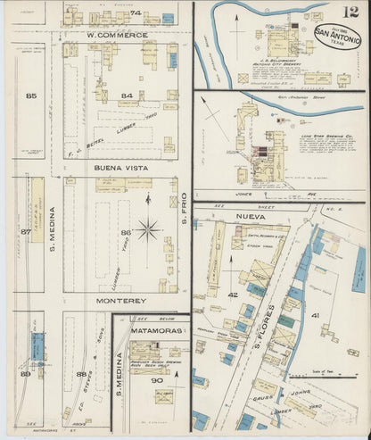Sanborn Fire Insurance Map from San Antonio, Bexar County, Texas (1885), Sheet #0012 - Historic Sanborn Fire Insurance Map Print, vintage old map wall art, antique decor, genealogy gift, Texas Texas map