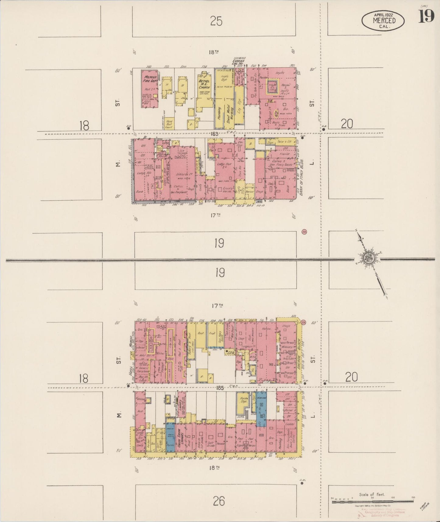 Sanborn Fire Insurance Map from Merced, Merced County, California (1922), Sheet #0019 - Historic Sanborn Fire Insurance Map Print, vintage old map wall art, antique decor, genealogy gift, California California map