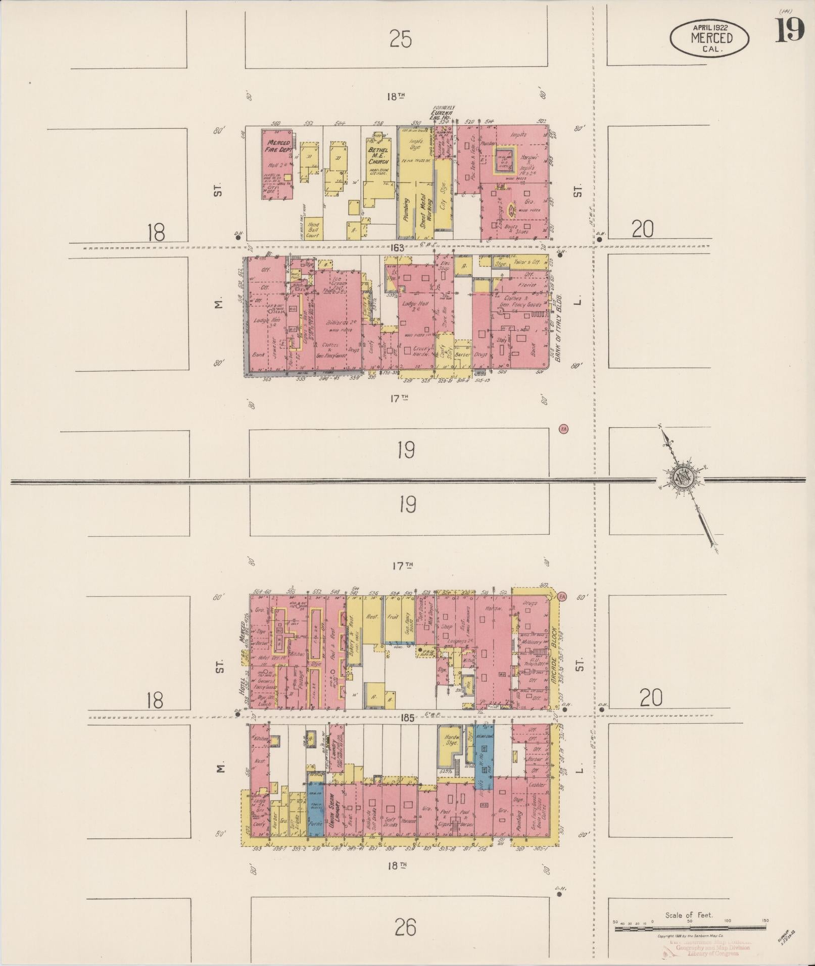 Sanborn Fire Insurance Map from Merced, Merced County, California (1922), Sheet #0019 - Historic Sanborn Fire Insurance Map Print, vintage old map wall art, antique decor, genealogy gift, California California map