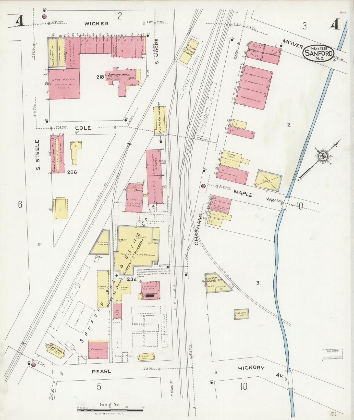 Sanborn Fire Insurance Map from Sanford, Lee County, North Carolina (1925), Sheet #0004 - Historic Sanborn Fire Insurance Map Print, vintage old map wall art, antique decor, genealogy gift, North Carolina North Carolina map