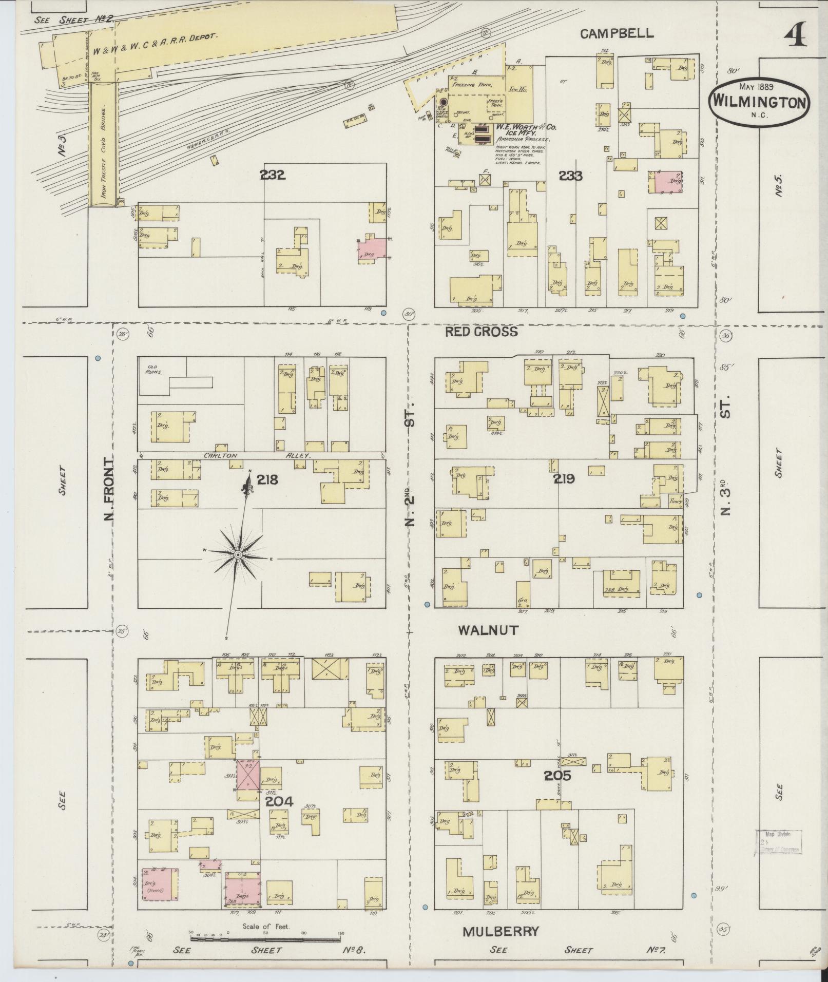 Sanborn Fire Insurance Map from Wilmington, New Hanover County, North Carolina (1889), Sheet #0004 - Historic Sanborn Fire Insurance Map Print, vintage old map wall art, antique decor, genealogy gift, North Carolina North Carolina map