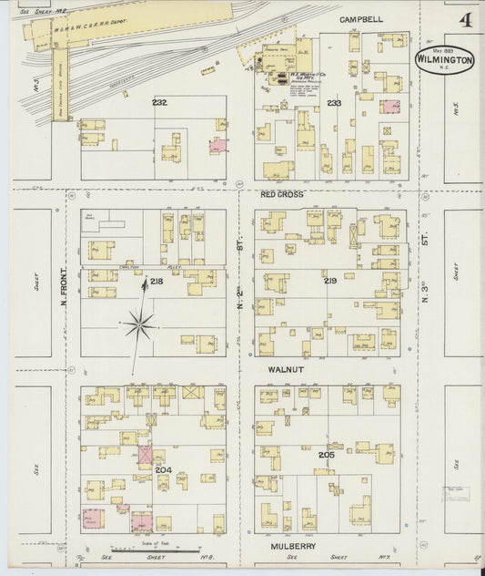 Sanborn Fire Insurance Map from Wilmington, New Hanover County, North Carolina (1889), Sheet #0004 - Historic Sanborn Fire Insurance Map Print, vintage old map wall art, antique decor, genealogy gift, North Carolina North Carolina map