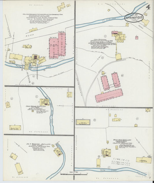 Sanborn Fire Insurance Map from Springfield, Robertson County, Tennessee (1893), Sheet #0004 - Historic Sanborn Fire Insurance Map Print, vintage old map wall art, antique decor, genealogy gift, Tennessee Tennessee map