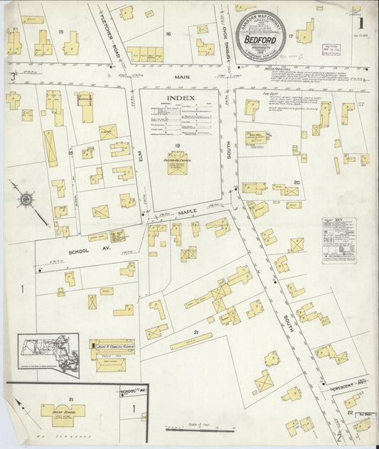Sanborn Fire Insurance Map from Bedford, Middlesex County, Massachusetts (1916), Sheet #0001 - Historic Sanborn Fire Insurance Map Print, vintage old map wall art, antique decor, genealogy gift, Massachusetts Massachusetts map