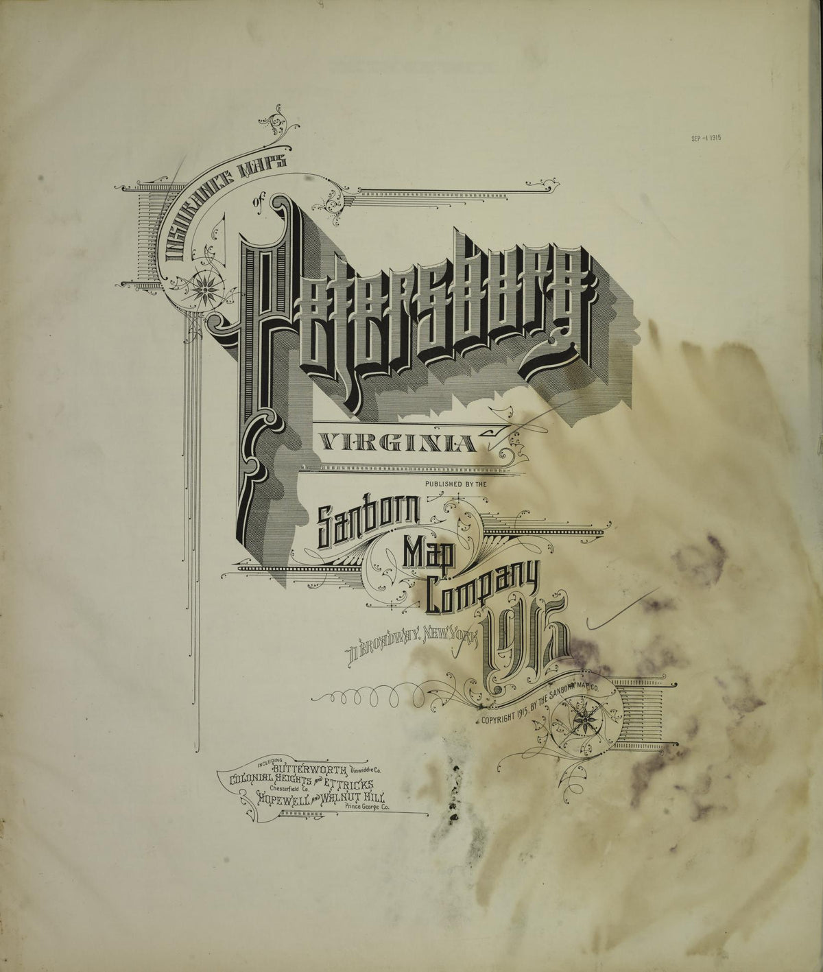 Sanborn Fire Insurance Map from Petersburg, Independent Cities, Virginia (1915), Sheet #0001 - Historic Sanborn Fire Insurance Map Print, vintage old map wall art, antique decor, genealogy gift, Virginia Virginia map