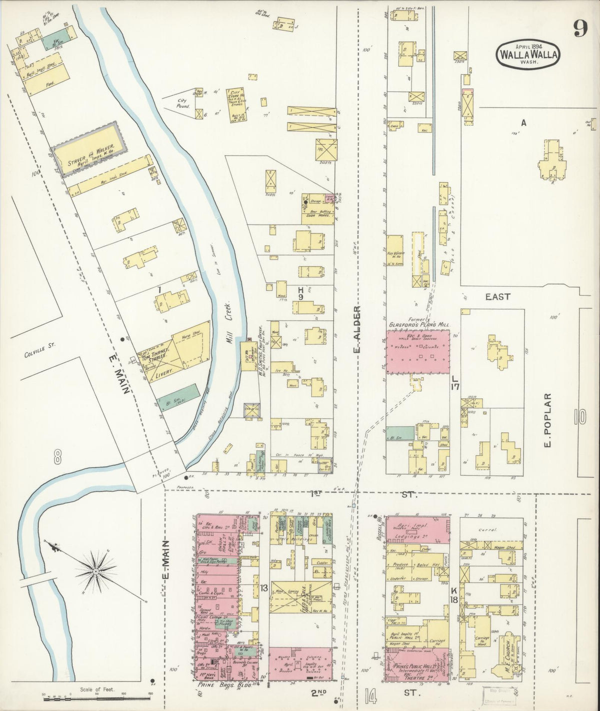 Sanborn Fire Insurance Map from Walla Walla, Walla Walla County, Washington (1894), Sheet #0009 - Historic Sanborn Fire Insurance Map Print, vintage old map wall art, antique decor, genealogy gift, Washington Washington map