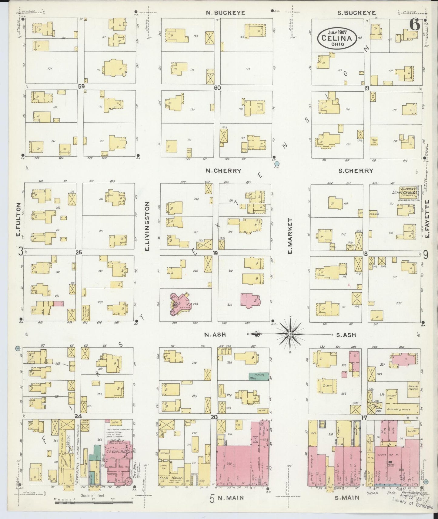 Sanborn Fire Insurance Map from Celina, Mercer County, Ohio (1907), Sheet #0006 - Historic Sanborn Fire Insurance Map Print, vintage old map wall art, antique decor, genealogy gift, Ohio Ohio map