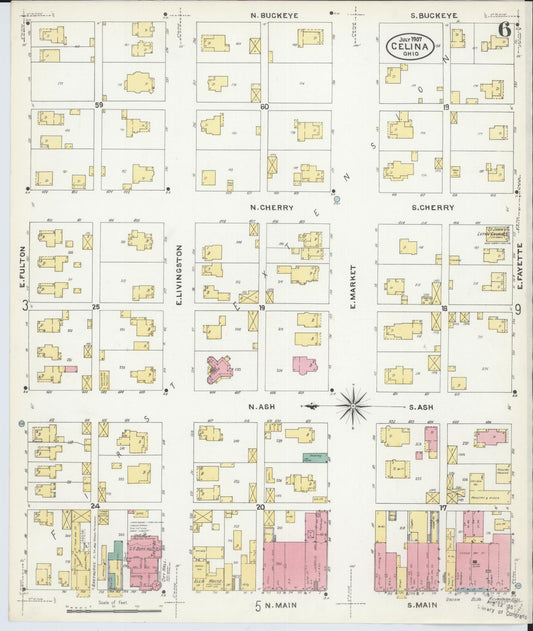 Sanborn Fire Insurance Map from Celina, Mercer County, Ohio (1907), Sheet #0006 - Historic Sanborn Fire Insurance Map Print, vintage old map wall art, antique decor, genealogy gift, Ohio Ohio map