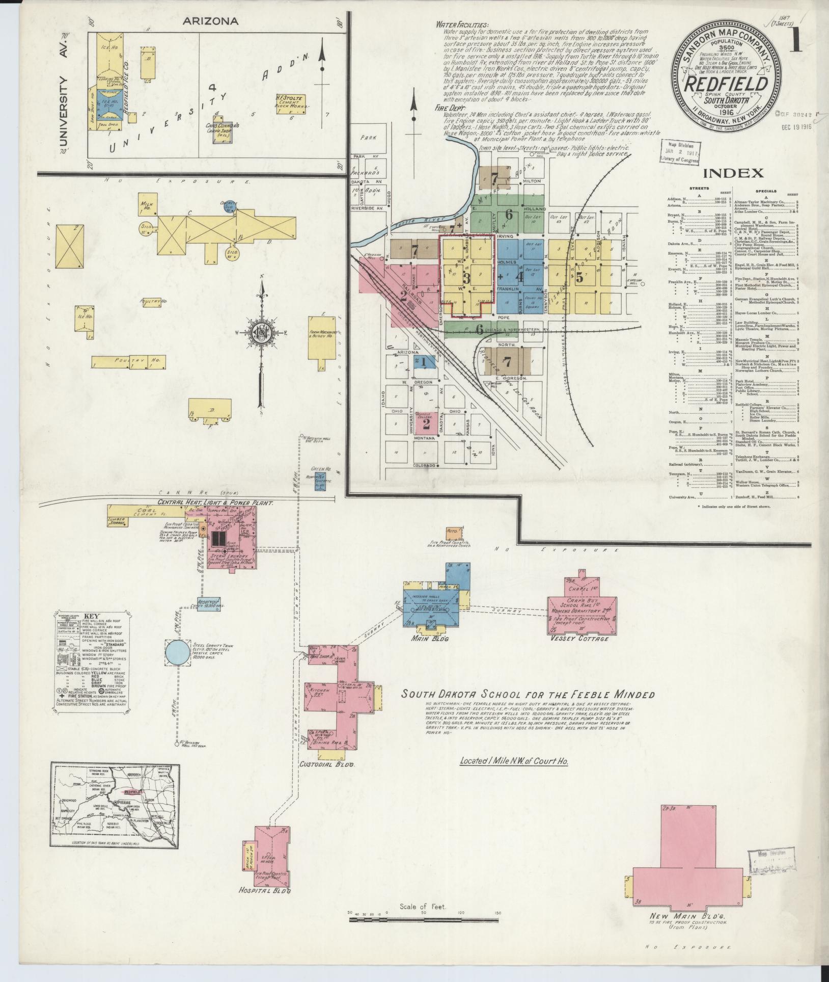 Sanborn Fire Insurance Map from Redfield, Spink County, South Dakota (1916), Sheet #0001 - Complete Map Set gallery image, historic Sanborn map, vintage wall art, South Dakota South Dakota