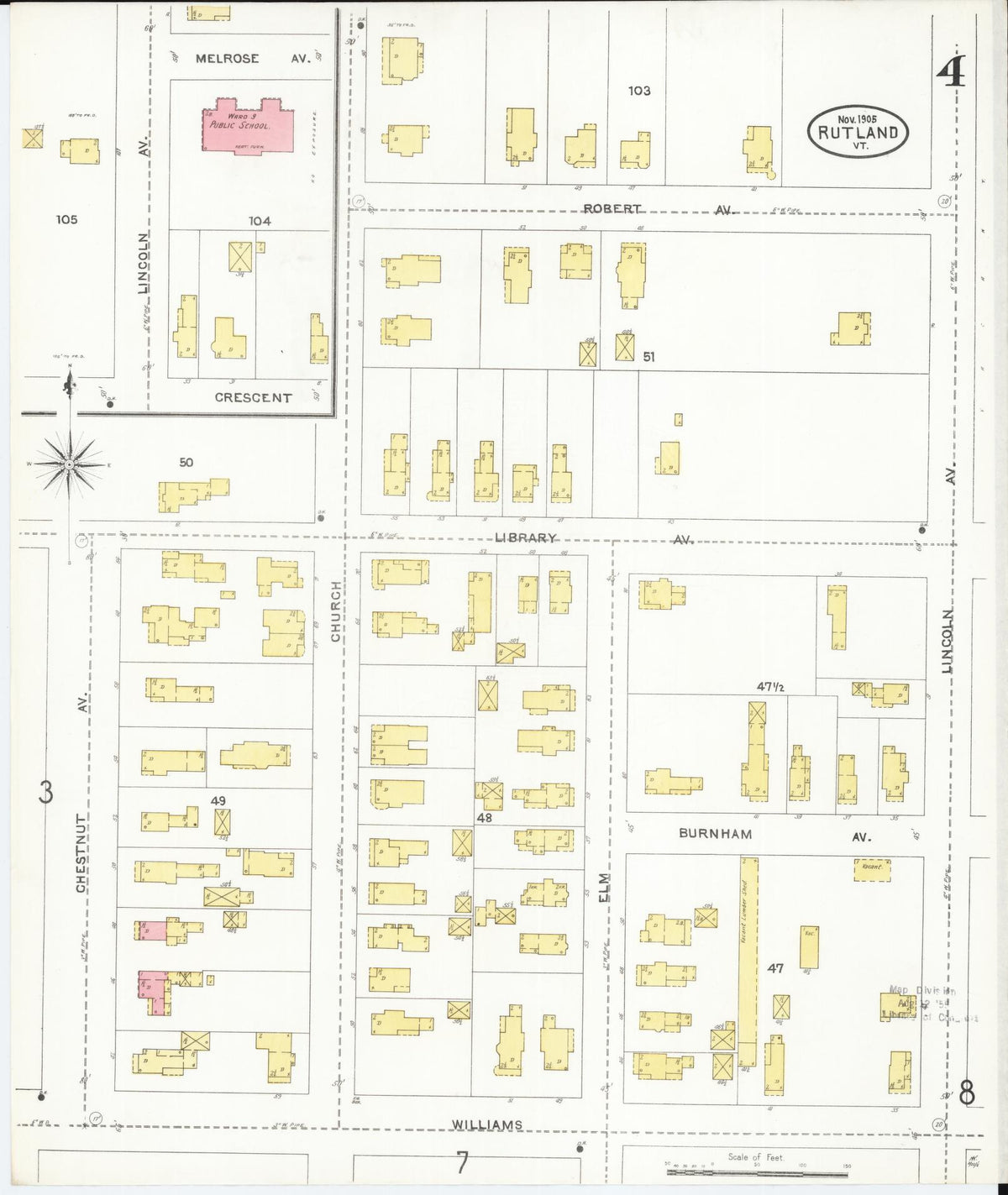 Sanborn Fire Insurance Map from Rutland, Rutland County, Vermont (1905), Sheet #0004 - Complete Map Set gallery image, historic Sanborn map, vintage wall art, Vermont Vermont